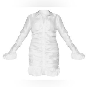 PrettyLittleThing White satin ruched front frill hem shirt dress